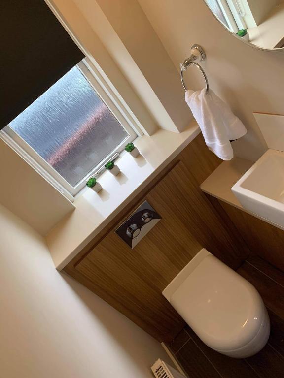 a small bathroom with a toilet and a window at Heron lodge in Tattershall