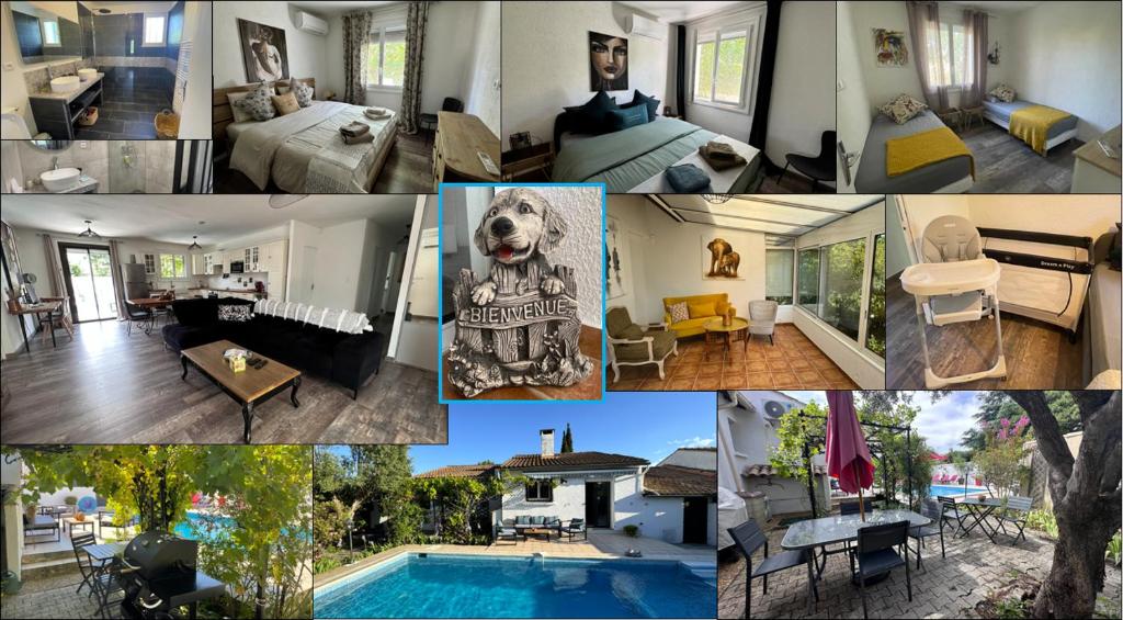 un collage de photos d'une maison avec une piscine dans l'établissement Jolie villa à UZES, climatisée avec piscine, à Uzès