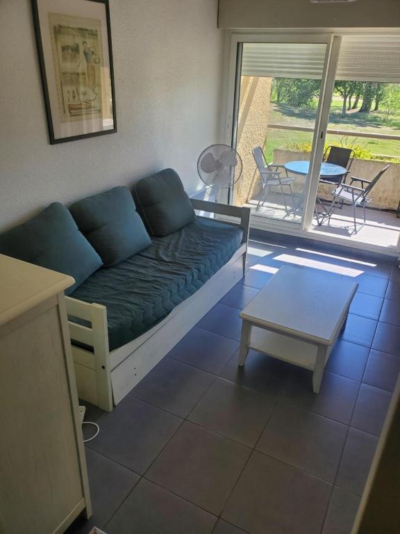 un salon avec un canapé et une table dans l'établissement Appartement piscine golf, à Saint-Cyprien