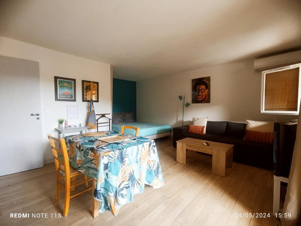 ein Wohnzimmer mit einem Tisch und einem Sofa in der Unterkunft STUDIO FRENCH RIVIERA in Villeneuve-Loubet