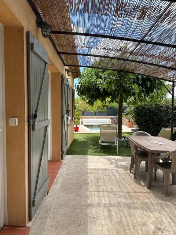 ピュジェ・シュル・アルジャンにあるVilla ,Maison indépendante, avec piscine privativeの屋外パティオ(テーブル、納屋のドア付)