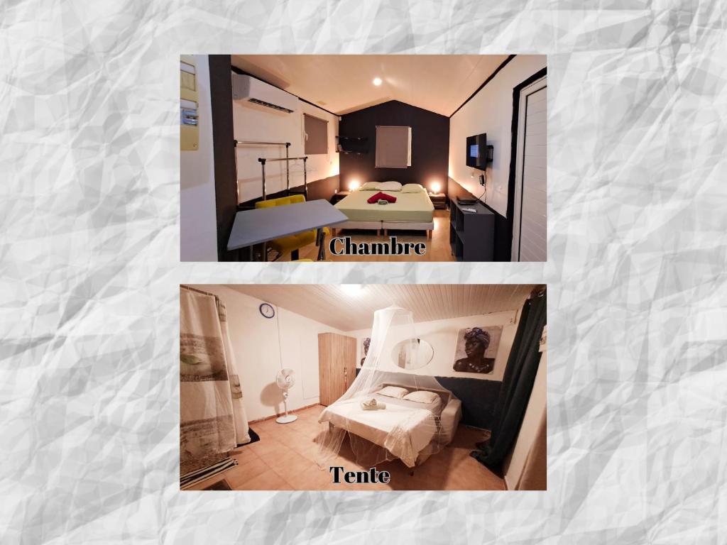 duas fotografias de um quarto com uma cama e um quarto em Le Paradis des Petits Voyageurs - Maison d'Hôtes comprenant 1 Chambre et 1 Tente indépendants à 2km de la plage O'Mullane bas au Diamant em Le Diamant