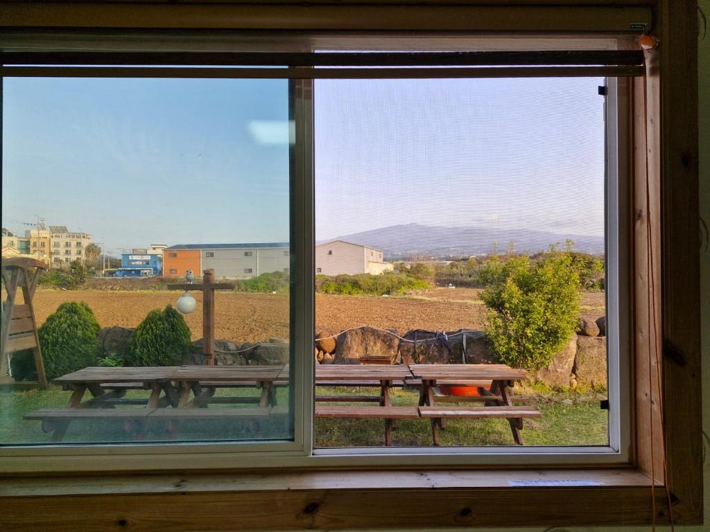 a window with a picnic table and a view of a field at 나무집 게스트하우스 in Jeju