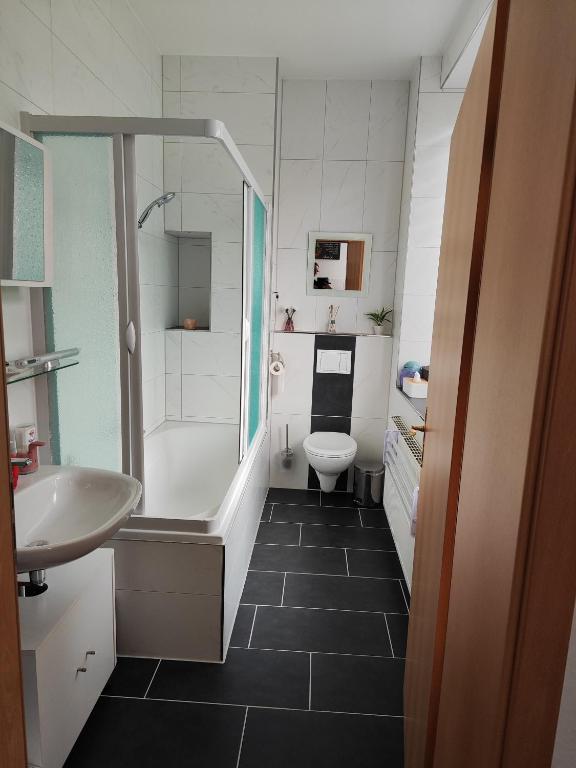 ein Badezimmer mit Dusche, Waschbecken und Toilette in der Unterkunft Ferienwohnungen An der Fichtelbergbahn in Cranzahl