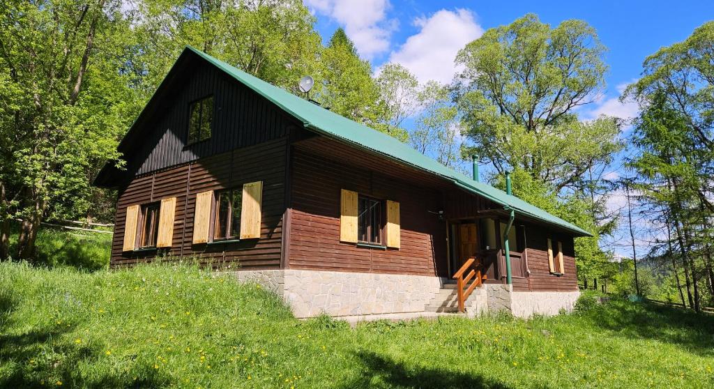 una piccola casa in legno con tetto verde di Dom w Uhryniu a Uhryń