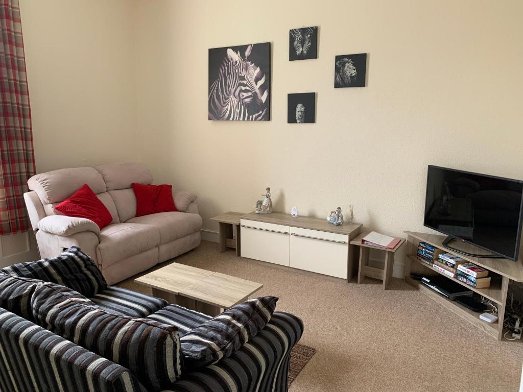 a living room with a couch and a television at Charlotte Street 2 Bedroom Apartment in Ayr