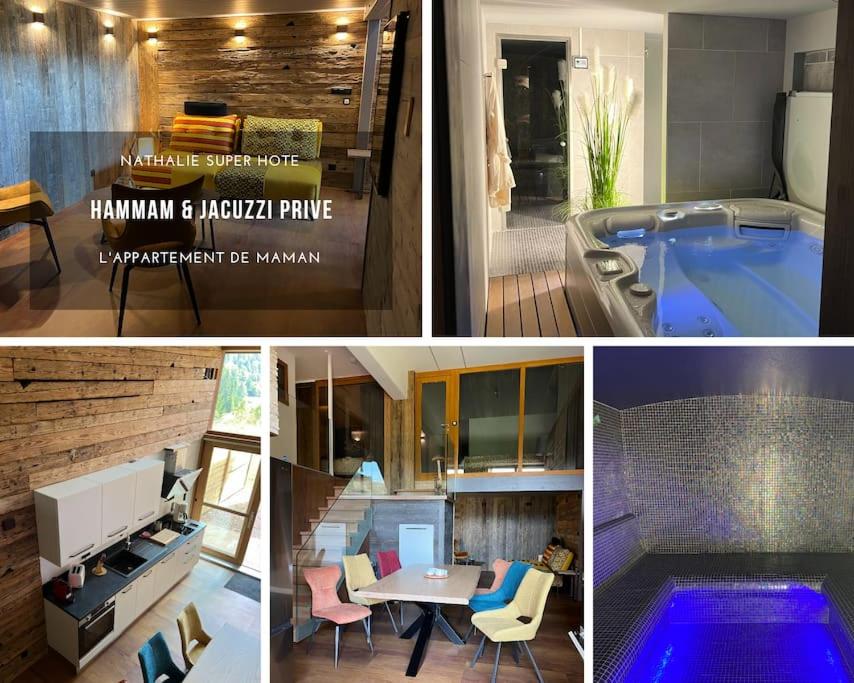 a collage of pictures of a kitchen and a bath tub at L'Appartement de Maman, Jacuzzi & Hammam privé in La Bresse