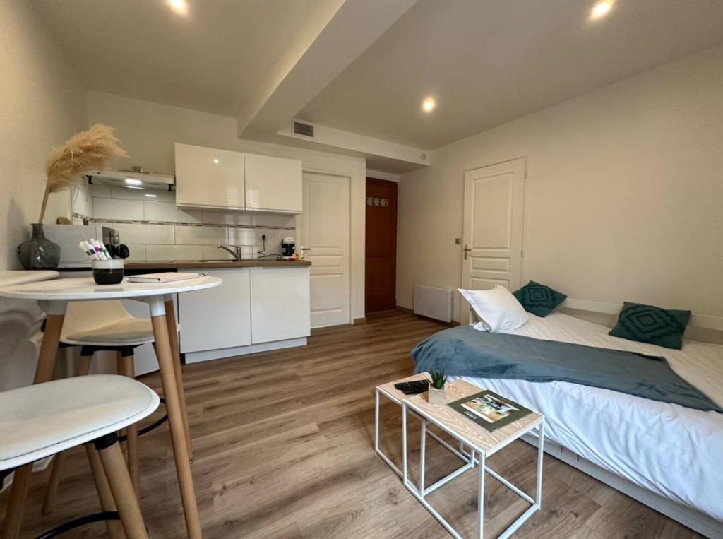 eine kleine Wohnung mit einem Bett und einer Küche in der Unterkunft Le Blue- hyper centre ville in Sens