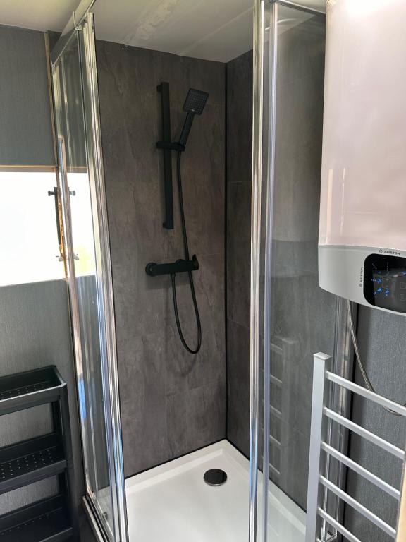 um chuveiro com uma porta de vidro na casa de banho em Domki Parkowy em Kudowa-Zdrój