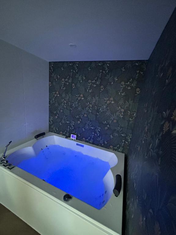 une baignoire bleue dans une pièce avec un mur dans l'établissement Appartement ESCAPADE BIEN ETRE & DECONNEXION, à Roumens