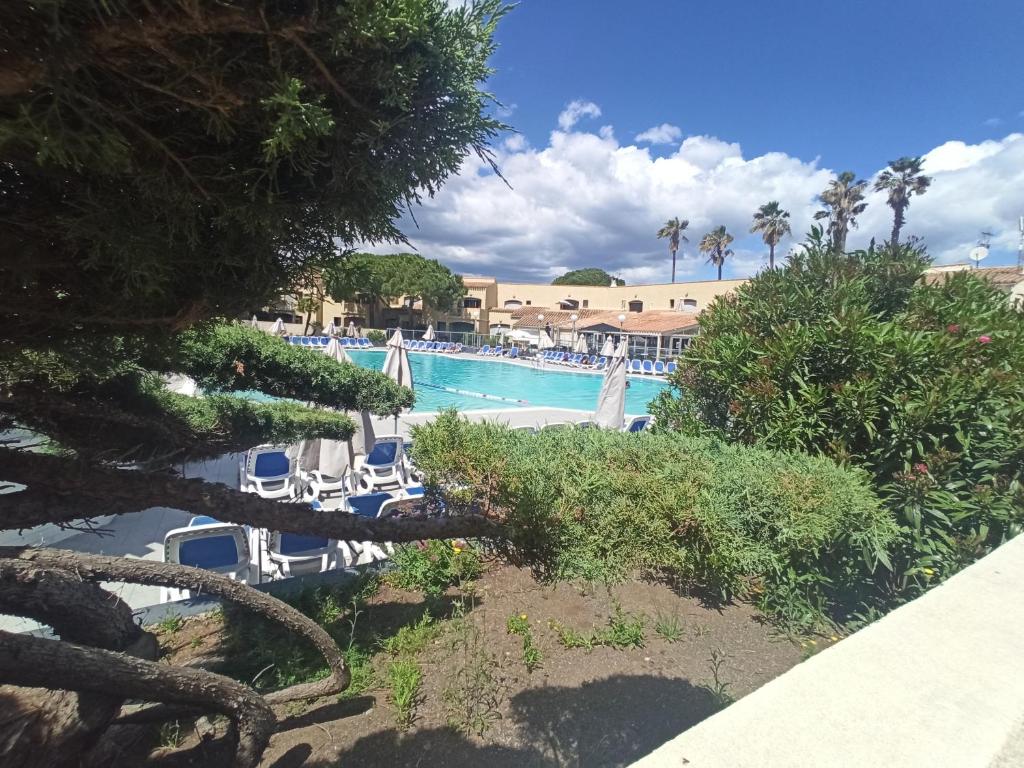 une vue d'une piscine dans un complexe hôtelier dans l'établissement Le Cap d'Agde 2 pièces climatisé résidence Odalys St Loup en RDC avec terrasse, au Cap d'Agde