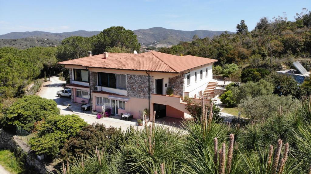 uma vista aérea de uma casa com uma montanha em Appartamenti Serenity - 2 posti auto - in villa e in centro em Marina di Campo