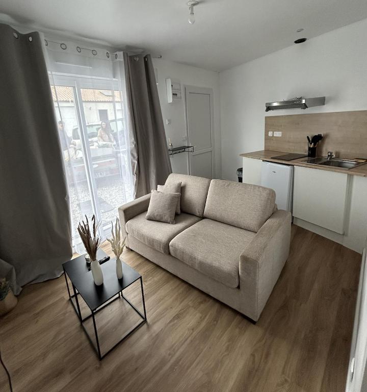 ein Wohnzimmer mit Couch und Tisch in der Unterkunft Suite Caroline in La Roche-sur-Yon