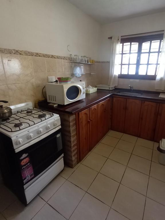 a kitchen with a stove and a microwave at Cabañas Aromas Serranos in Alta Gracia