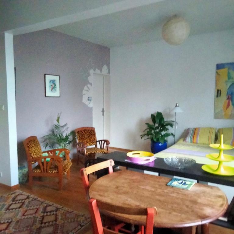 un salon avec une table et des chaises et un lit dans l'établissement Grand studio calme et lumineux, à Toulouse