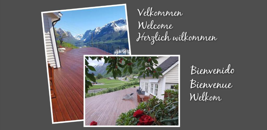 a collage of photos with a house and mountains at Flohytta in Stryn