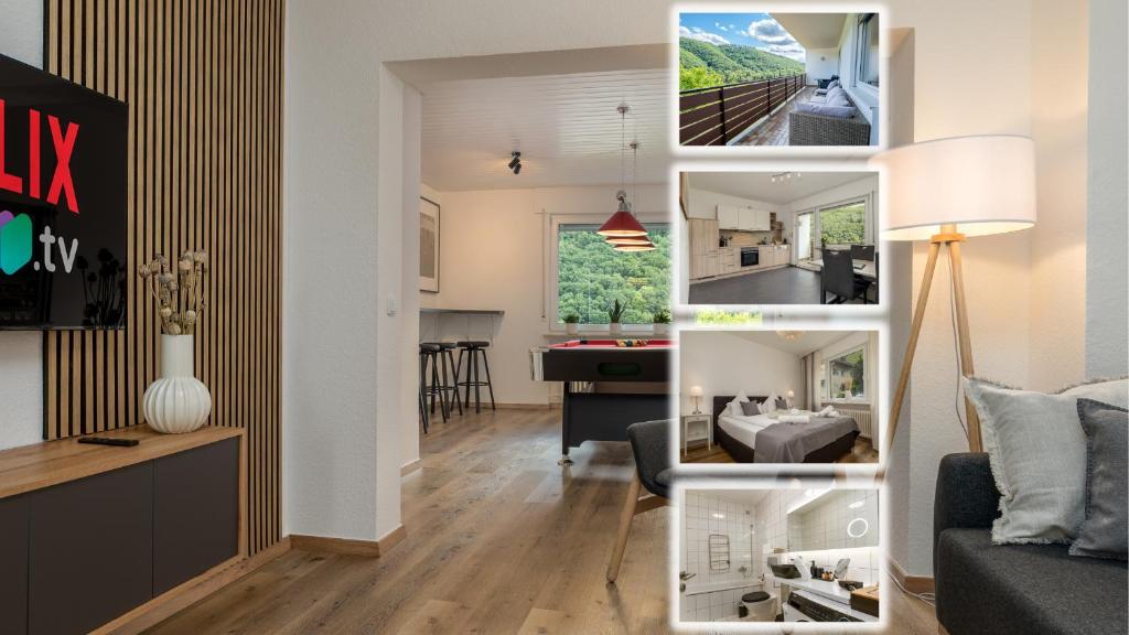Televisyen dan/atau pusat hiburan di Elbling Appartement for 2 People - Billiards - Balcony with Mosel View - Parking - Wine Barrel Bar - Fully Equipped Kitchen - Netflix - WaipuTV - 3 km from Cochem
