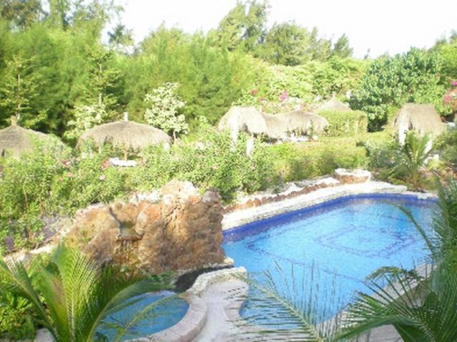 une grande piscine dans un jardin arboré dans l'établissement Le Calao du Lac Rose, à Niaga