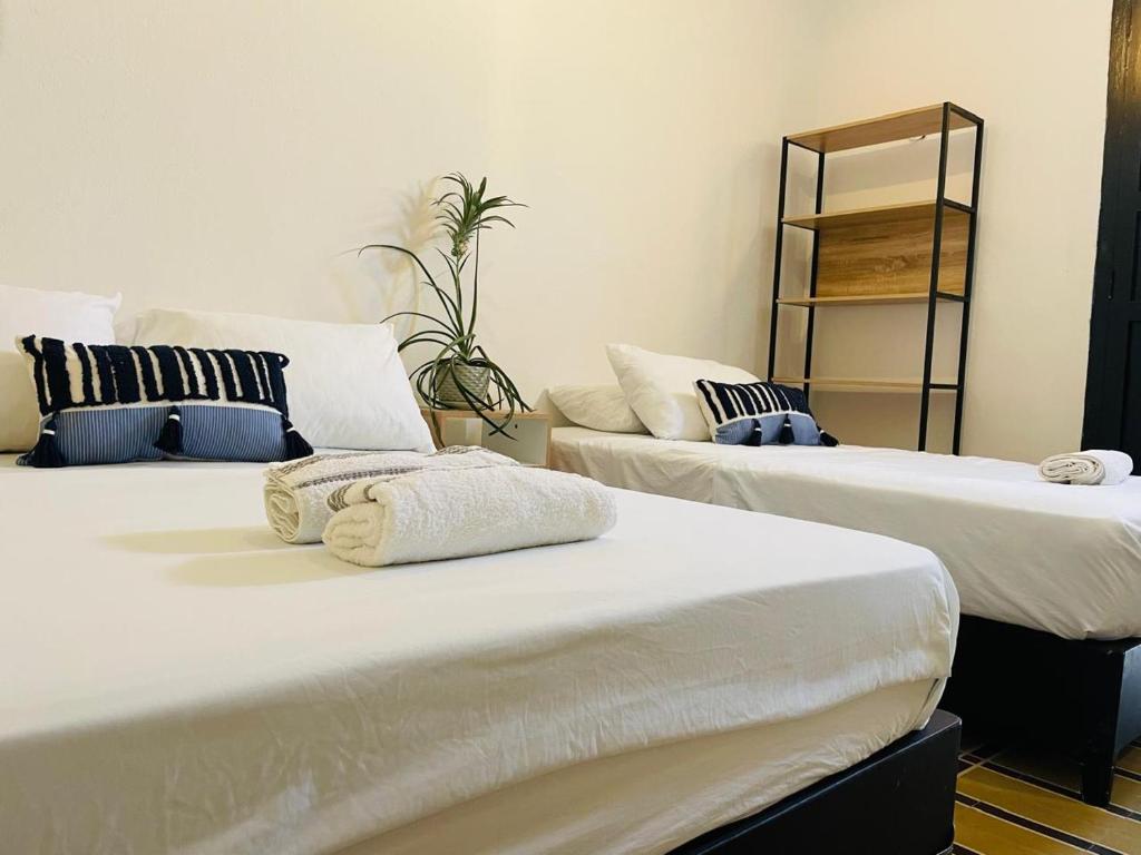 2 Betten nebeneinander in einem Zimmer in der Unterkunft Hostal 1545 in Ríohacha