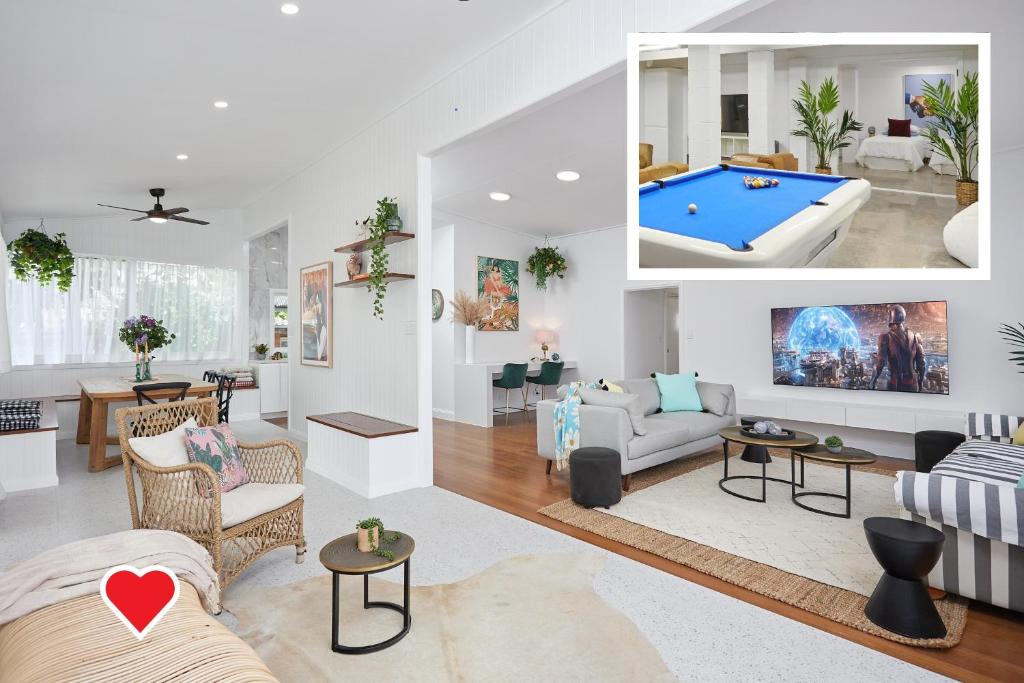 two pictures of a living room with a pool table at The Queenslander! Complete Entertainer - Huge - Stylish - Games - Full Level Pool Room - Smokehouse - Secure Parking - Yard #NEW! in Gold Coast