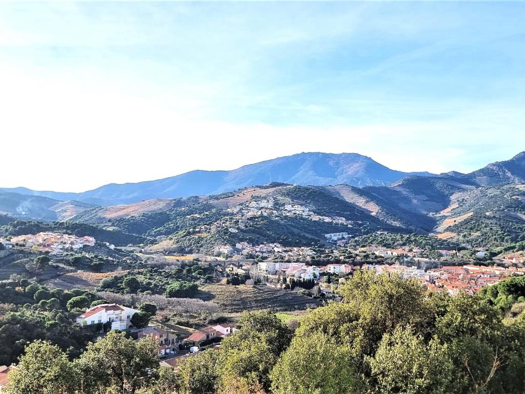 - une vue sur une ville avec des montagnes en arrière-plan dans l'établissement Appartement 3 pièces avec Terrasse, Garage et WiFi - FR-1-309-459, à Banyuls-sur-Mer