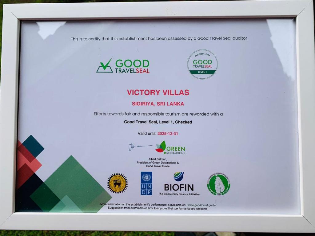 Certifikát, hodnocení, plakát nebo jiný dokument vystavený v ubytování Victory Villa Sigiriya