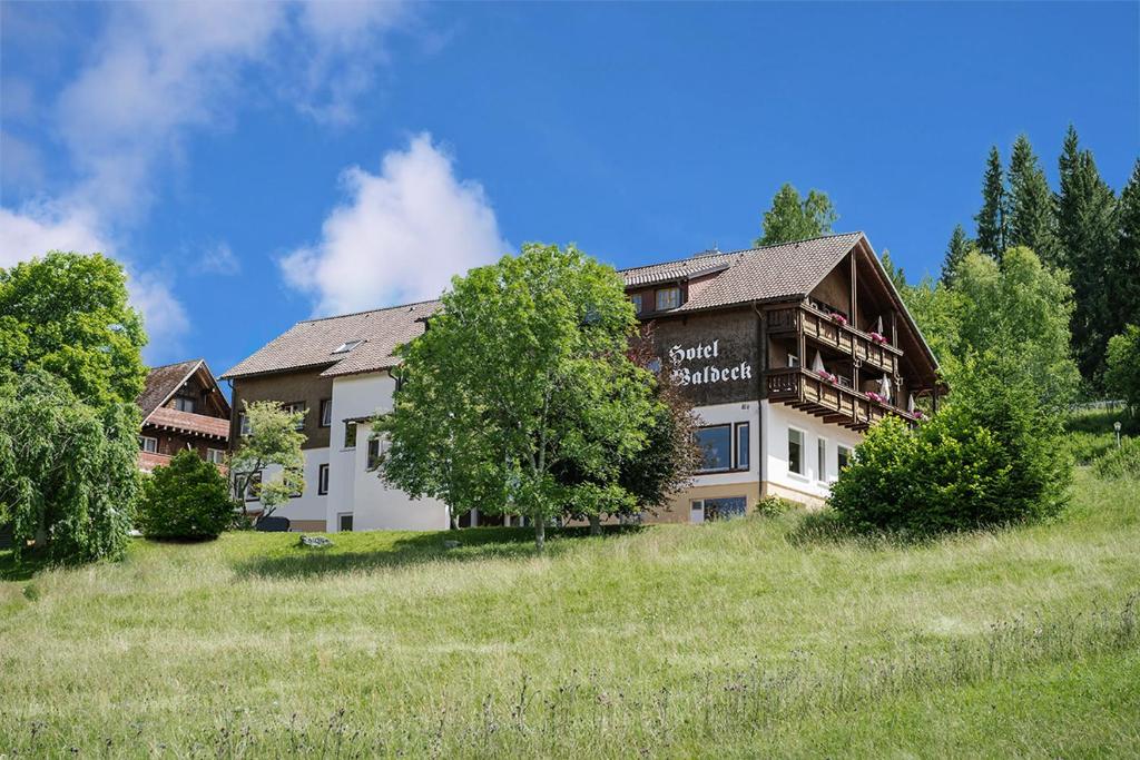 un grand bâtiment sur une colline herbeuse à côté d'un arbre dans l'établissement Hotel Waldeck, à Feldberg