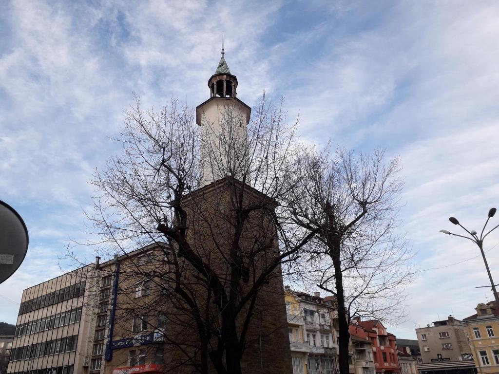 una torre alta con un albero di fronte a un edificio di Стаи за гости Първи май a Gabrovo