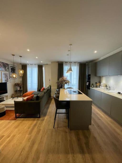 une cuisine et un salon avec un canapé et une table dans l'établissement Bienvenue chez Julie, à Levallois-Perret