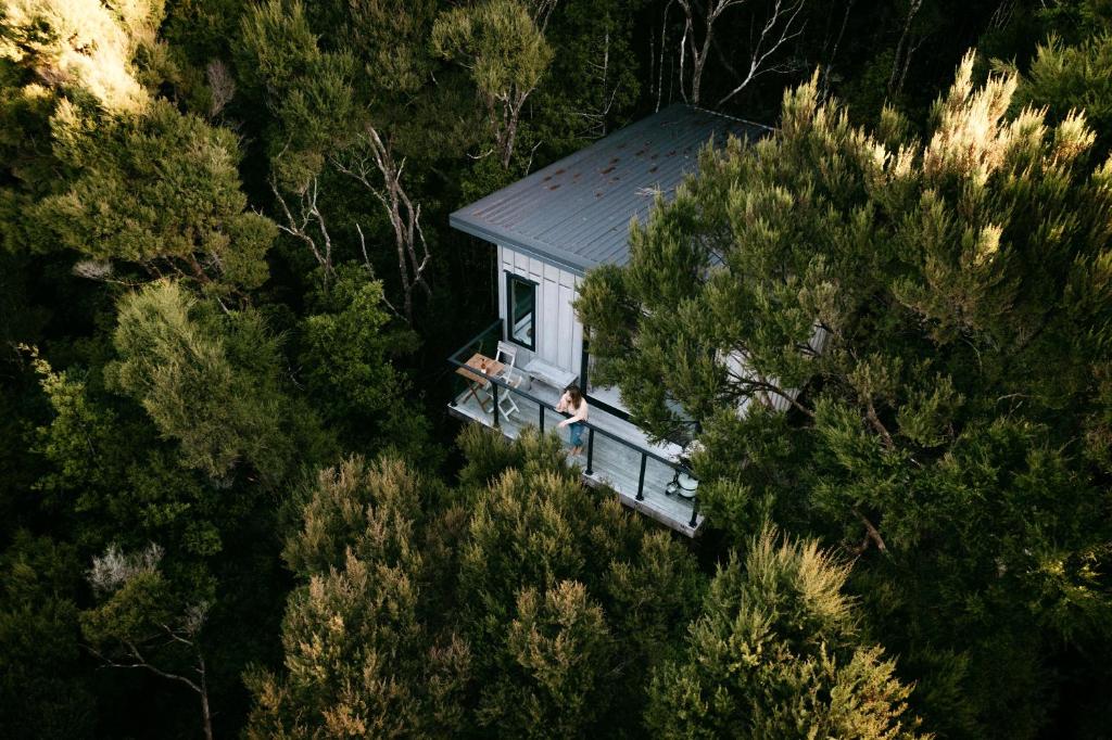 - une vue aérienne sur une petite maison dans les bois dans l'établissement Treetop Tranquility, à Opua