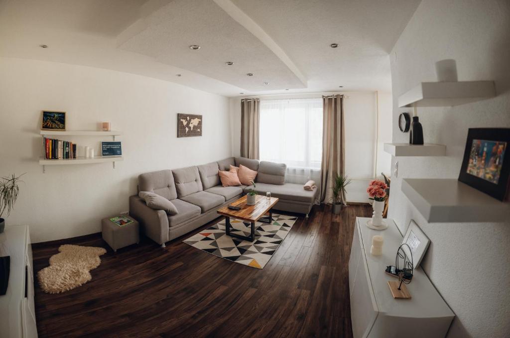 特爾納瓦的住宿－Milde's apartment near the city center - Hospodarska street，客厅配有沙发和桌子