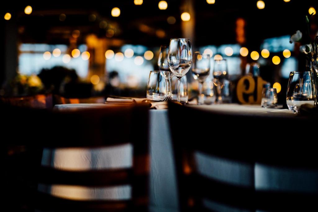 a group of wine glasses sitting on a table at Alplodge in Interlaken