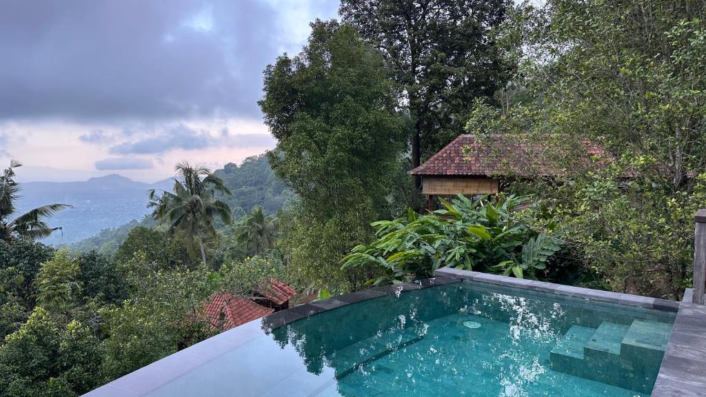 a swimming pool with a view of the mountains at Loids Villa Eco Lodge Lempuyang in Seraya