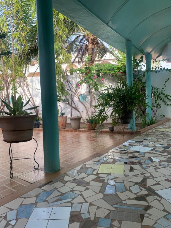 a patio with a table and potted plants at Studio Salam in Ziguinchor