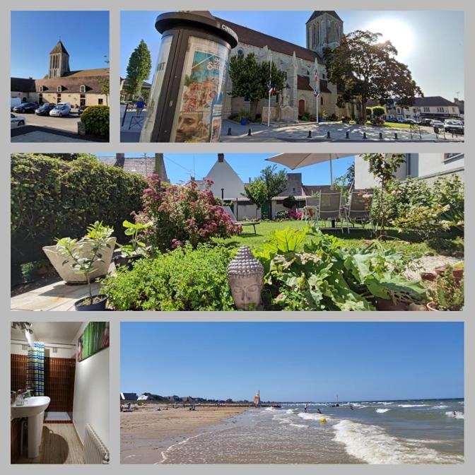 un collage de photos d'une ville avec une plage dans l'établissement Maison de vacances avec jardin et parking privés, à Ouistreham