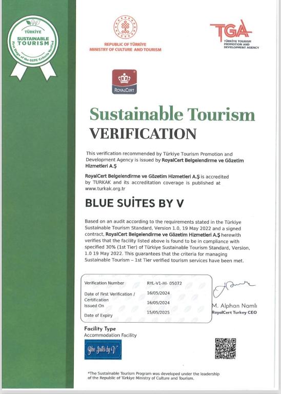 Certifikát, hodnocení, plakát nebo jiný dokument vystavený v ubytování Blue Suites by V