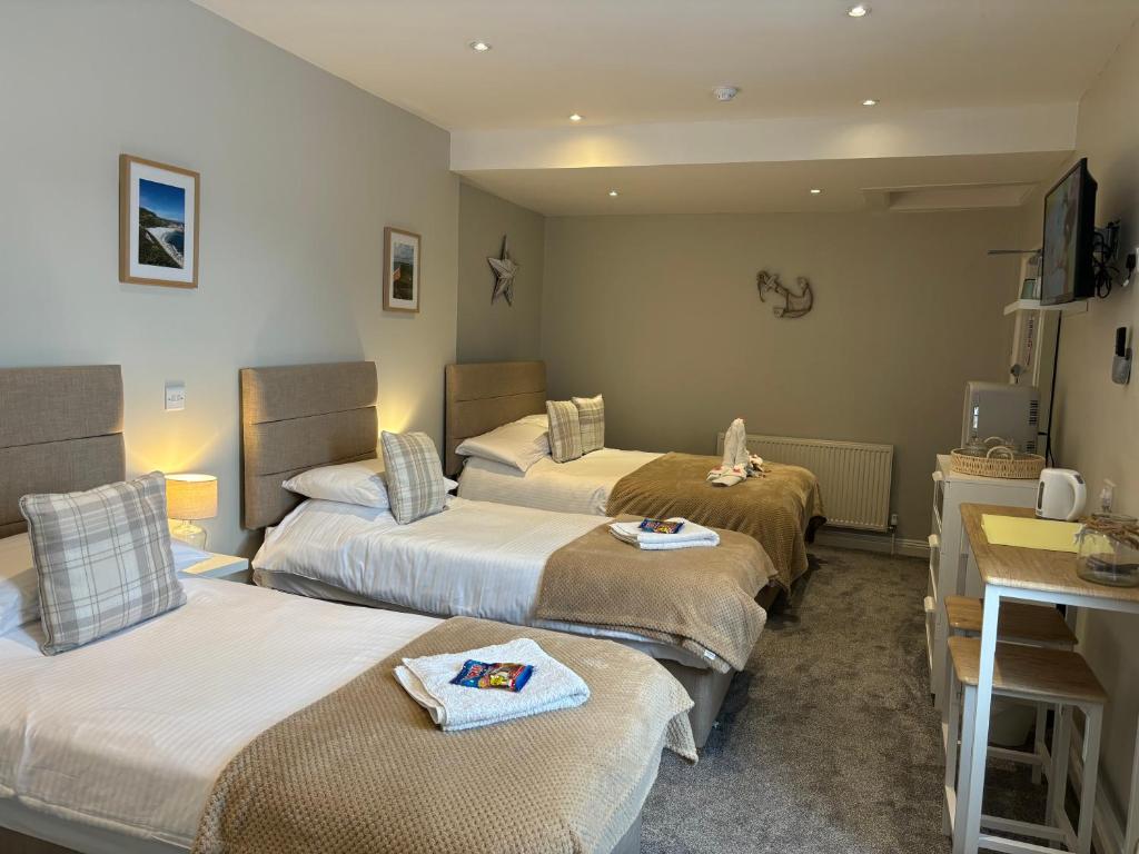 Cette chambre comprend 3 lits et un lavabo. dans l'établissement Calm sea guesthouse, à Weymouth