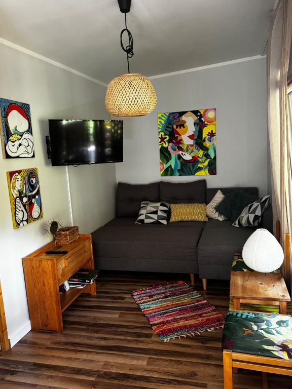 a living room with a couch and a table at Fiołek - domek nad Szelągiem Wielkim in Ostróda