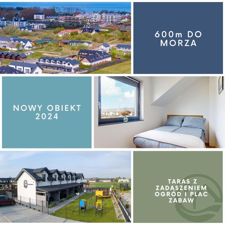 a collage of four pictures of a hotel at Apartamenty SOLEIL in Sarbinowo