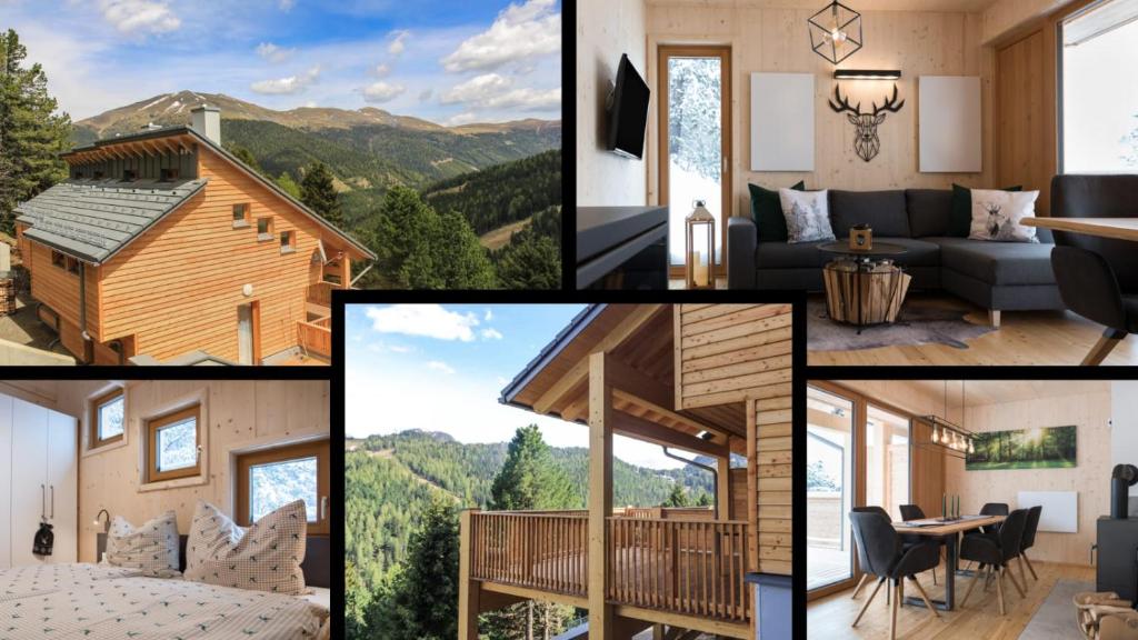 a collage of pictures of a log cabin at Chalet Sunnseitn - auf der Turracher Höhe in Turracher Hohe