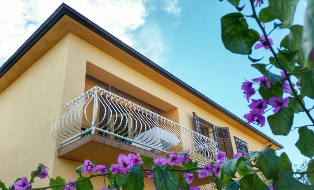 un balcone di una casa con fiori viola di Apartments Nela a Jelsa (Gelsa)