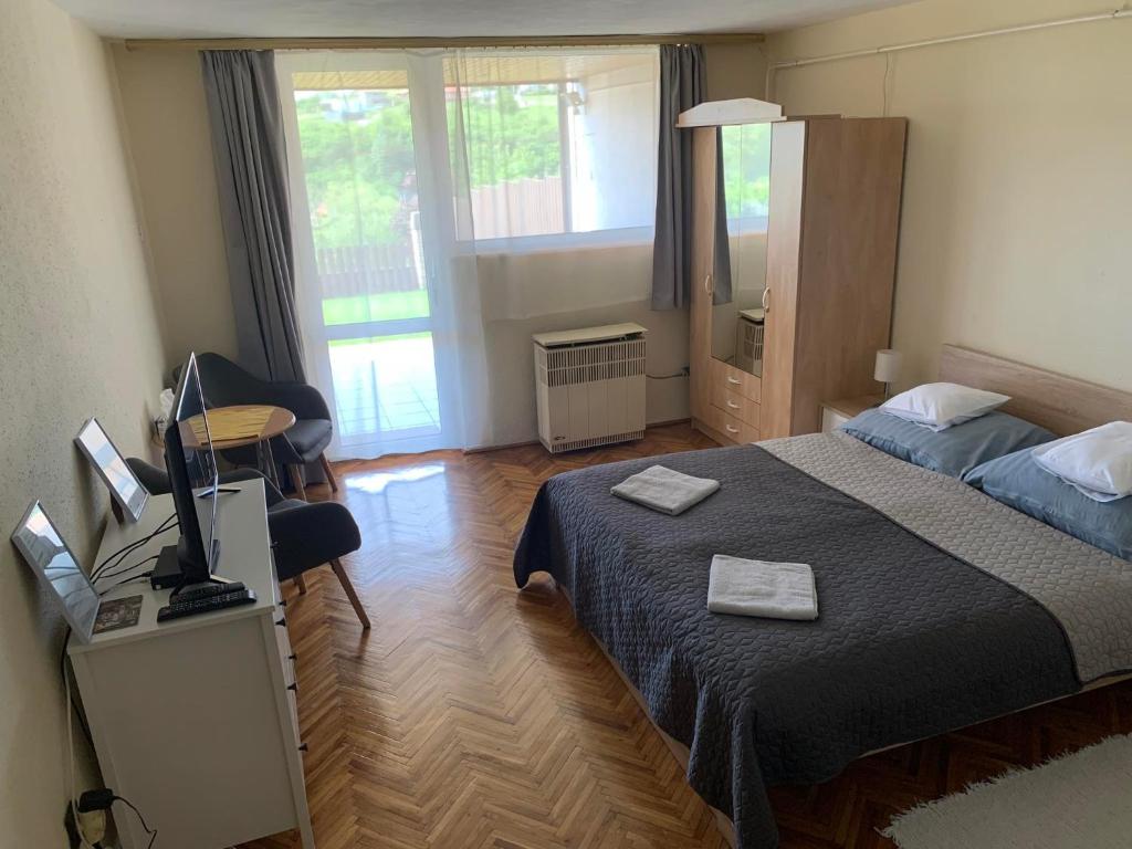 een slaapkamer met een bed en een bureau met een televisie bij Szépasszonyvölgyi Apartman in Eger