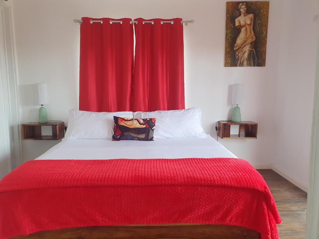 Kai's Place at Tim Pappies 3rd Floor luxury villa في بورت أنطونيو: سرير وبطانية حمراء وستارة حمراء