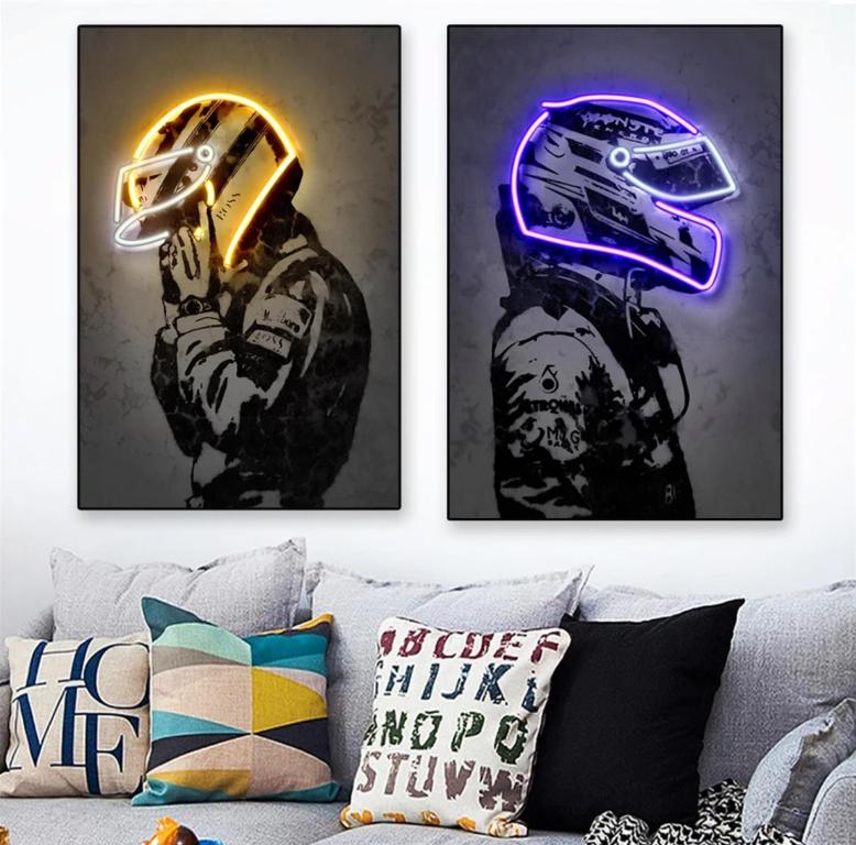 drie schilderijen van een motorracer met een neonbord bij Holy Dirt ! The search for truth in Zikhron Ya‘aqov