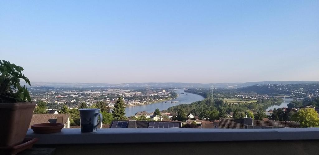 a view of a river from a balcony at Rheinblick am Rheinsteig Urbar-Koblenz in Urbar
