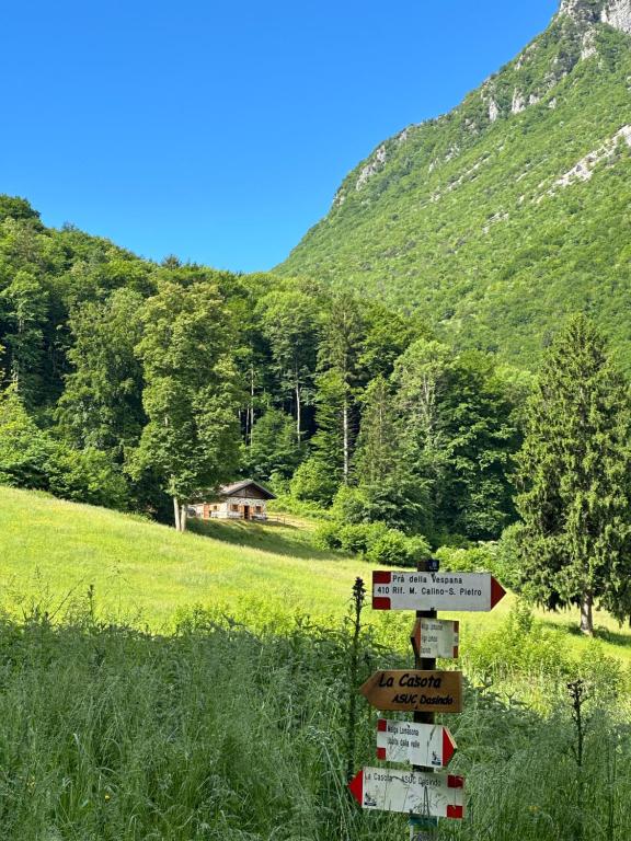 a sign in the middle of a field with a mountain at Baita Lomasona in Comano Terme