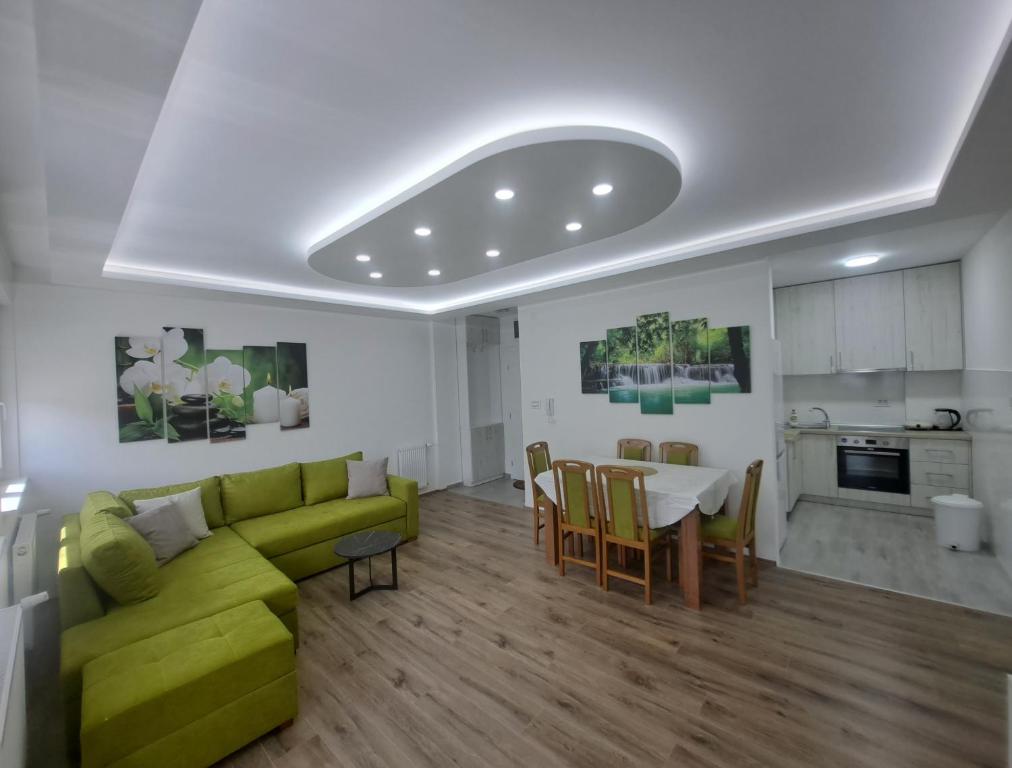 ein Wohnzimmer mit einem grünen Sofa und einem Tisch in der Unterkunft Renome apartmani in Banja Koviljača