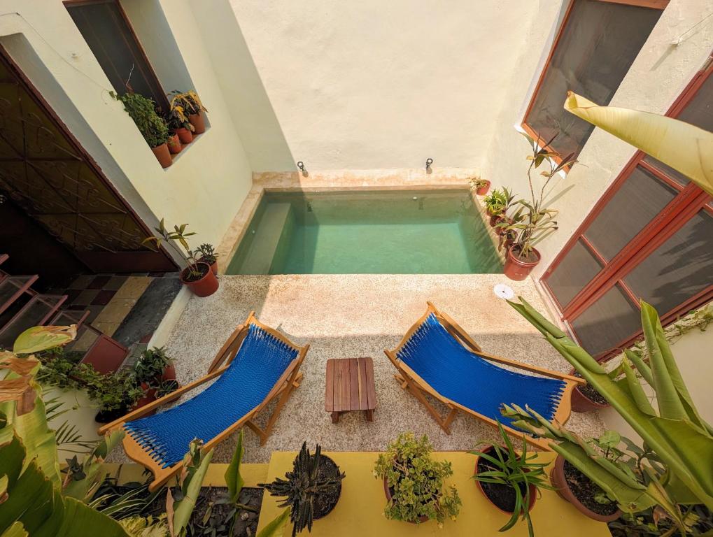 an overhead view of two chairs and a swimming pool at Casa Mi María in Campeche