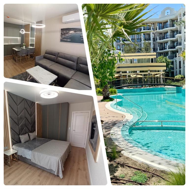 a collage of three pictures of a apartment with a pool at Tranquilo Escapes in Sunny Beach