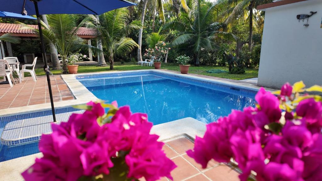 a swimming pool with purple flowers and an umbrella at Rancho AlMar - Gaviota in Sonsonate